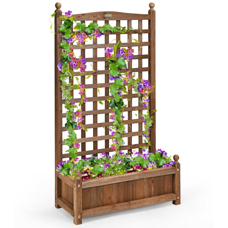 Freestanding Solid Wood Trellis with Planter Box, 50"H Vertical Raised Garden Bed Trellis for Climbing Vegetables Plants