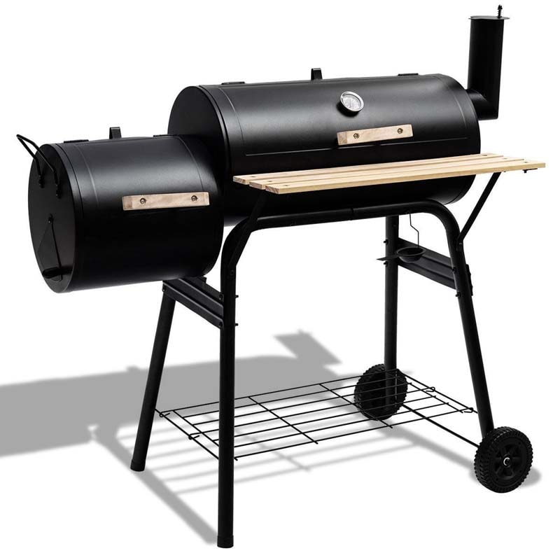 Outdoor Charcoal Grill BBQ Grill Barbecue Pit Backyard Offset Smoker Home Meat Cooker Smoker Grill with 2 Rolling Wheels & 2 Storage Shelves