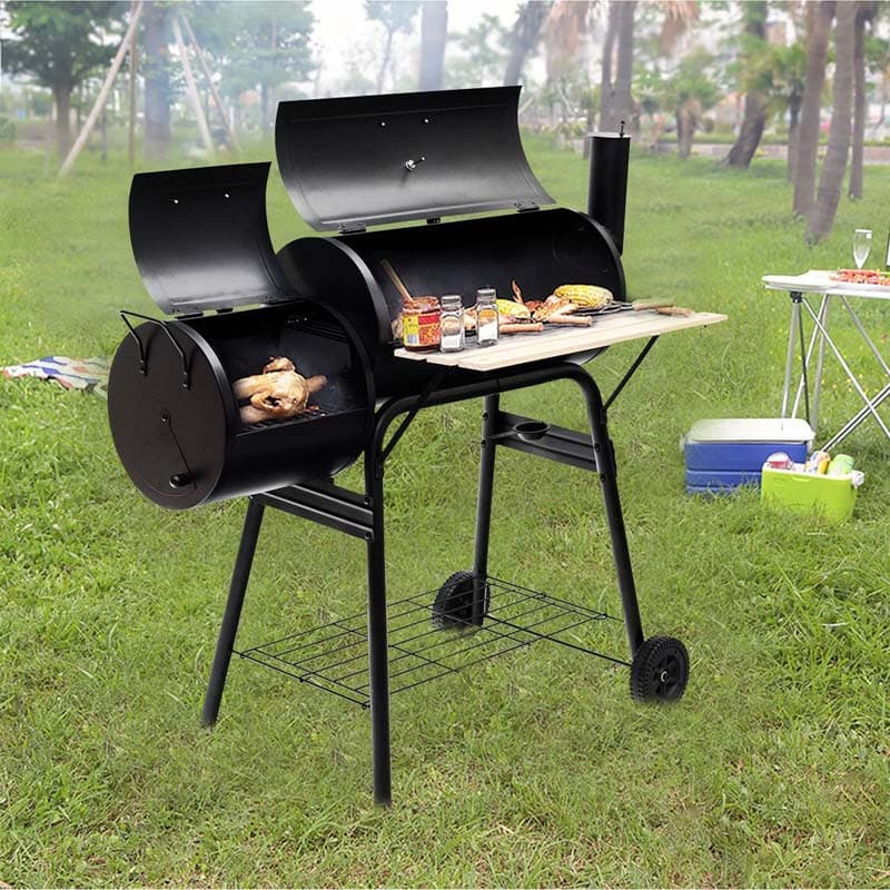 Outdoor Charcoal Grill BBQ Grill Barbecue Pit Backyard Offset Smoker Home Meat Cooker Smoker Grill with 2 Rolling Wheels & 2 Storage Shelves