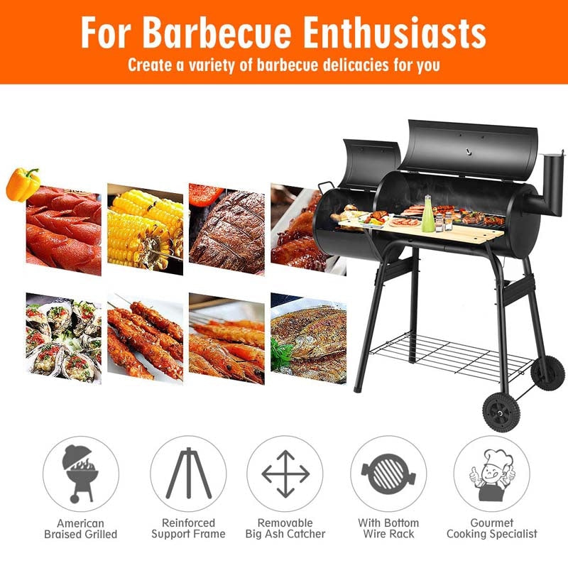 Outdoor Charcoal Grill BBQ Grill Barbecue Pit Backyard Offset Smoker Home Meat Cooker Smoker Grill with 2 Rolling Wheels & 2 Storage Shelves