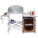 Portable Camping Kitchen Aluminum Outdoor Cooking Table Folding Grill Table 26'' Tabletop with Storage, Detachable Windscreen & Carry Bag