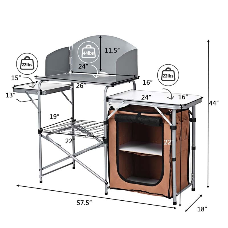 Portable Camping Kitchen Aluminum Outdoor Cooking Table Folding Grill Table 26'' Tabletop with Storage, Detachable Windscreen & Carry Bag