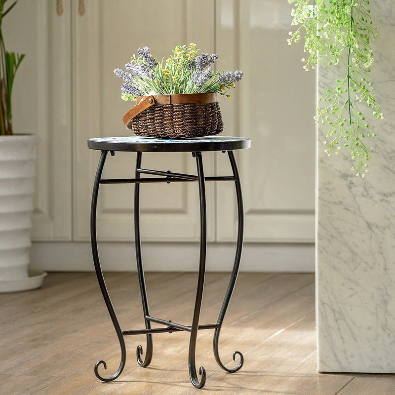 Outdoor Indoor Steel Round Accent Table Mosaic Plant Stand Cobalt Table - Bestoutdor