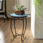 Outdoor Indoor Steel Round Accent Table Mosaic Plant Stand Cobalt Table - Bestoutdor