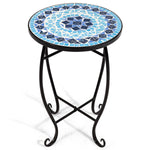 Outdoor Indoor Steel Round Accent Table Mosaic Plant Stand Cobalt Table - Bestoutdor