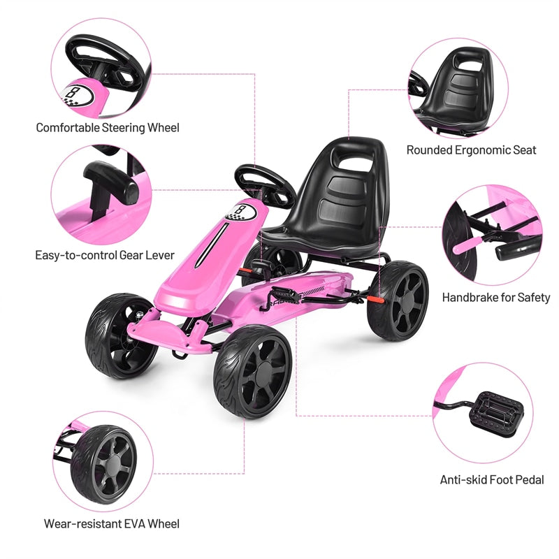 Kids Pedal Go Kart 4-Wheel Pedal-Powered Ride On Car with 2-Position Adjustable Seat