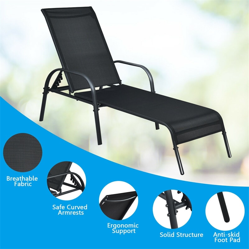 Outdoor Sling Chaise Lounge Chair Reclining Patio Chair Sunbathing Chair with Adjustable Backrest