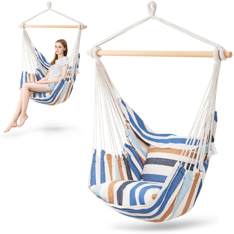 Hammock Chair Hanging Rope Swing Chair Cotton Rope Hammock Chair with 2 Cushions for Bedroom Patio Porch Yard Balcony Tree