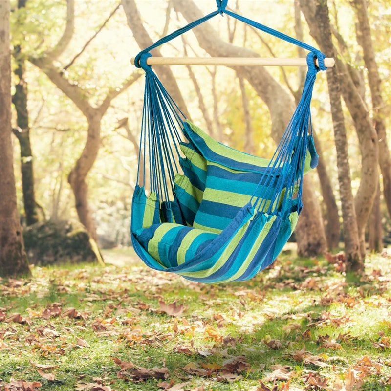 Hammock Chair Hanging Rope Swing Chair Cotton Rope Hammock Chair with 2 Cushions for Bedroom Patio Porch Yard Balcony Tree