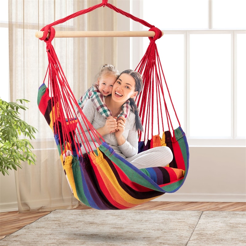 Hammock Chair Hanging Rope Swing Chair Cotton Rope Hammock Chair with 2 Cushions for Bedroom Patio Porch Yard Balcony Tree