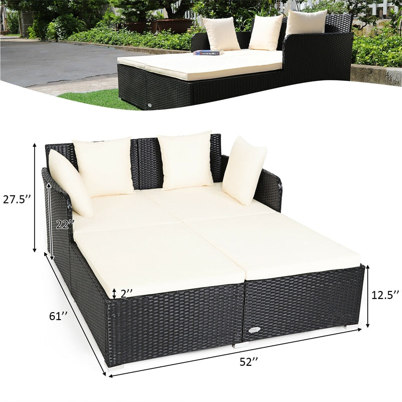 Outdoor Rattan Daybed Wicker Patio Double Chaise Lounge Sun Lounger with Seat Cushions & Pillows