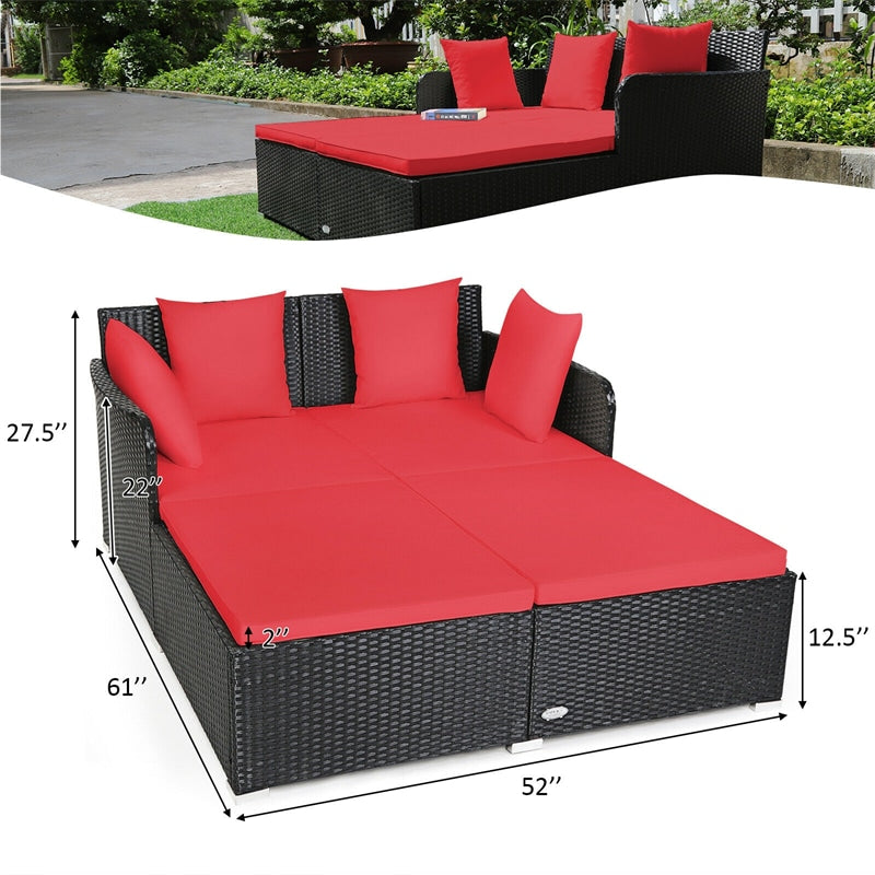 Outdoor Rattan Daybed Wicker Patio Double Chaise Lounge Sun Lounger with Seat Cushions & Pillows