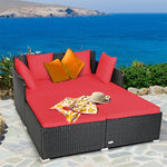 Outdoor Rattan Daybed Wicker Patio Double Chaise Lounge Sun Lounger with Seat Cushions & Pillows