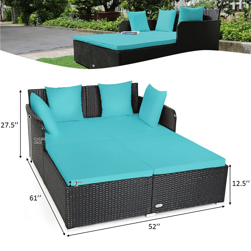 Outdoor Rattan Daybed Wicker Patio Double Chaise Lounge Sun Lounger with Seat Cushions & Pillows