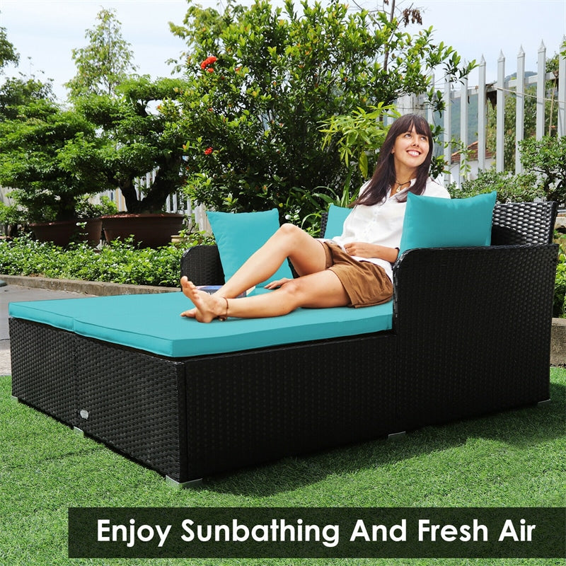 Outdoor Rattan Daybed Wicker Patio Double Chaise Lounge Sun Lounger with Seat Cushions & Pillows