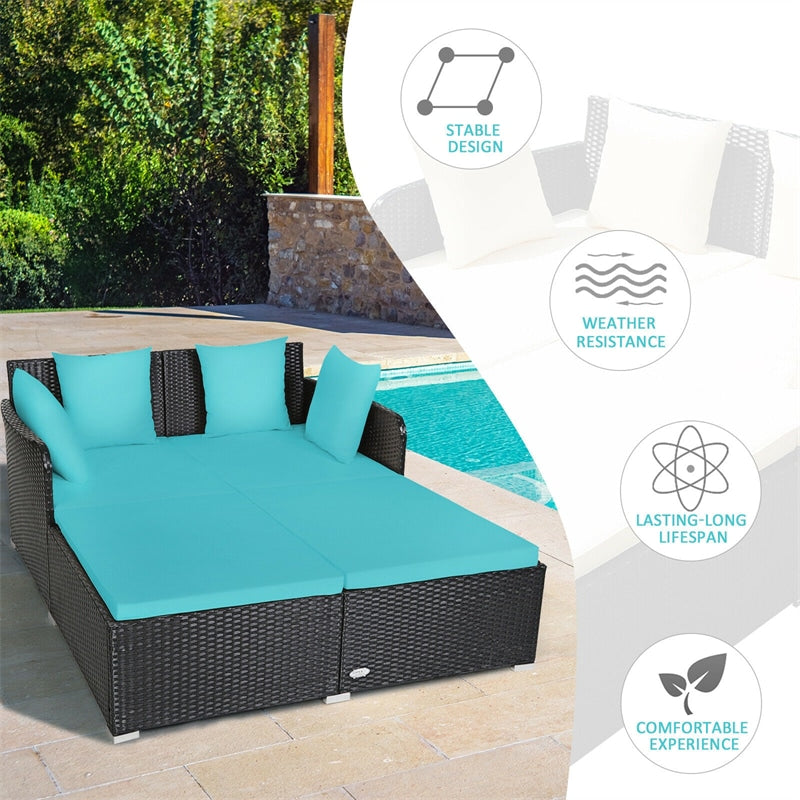 Outdoor Rattan Daybed Wicker Patio Double Chaise Lounge Sun Lounger with Seat Cushions & Pillows