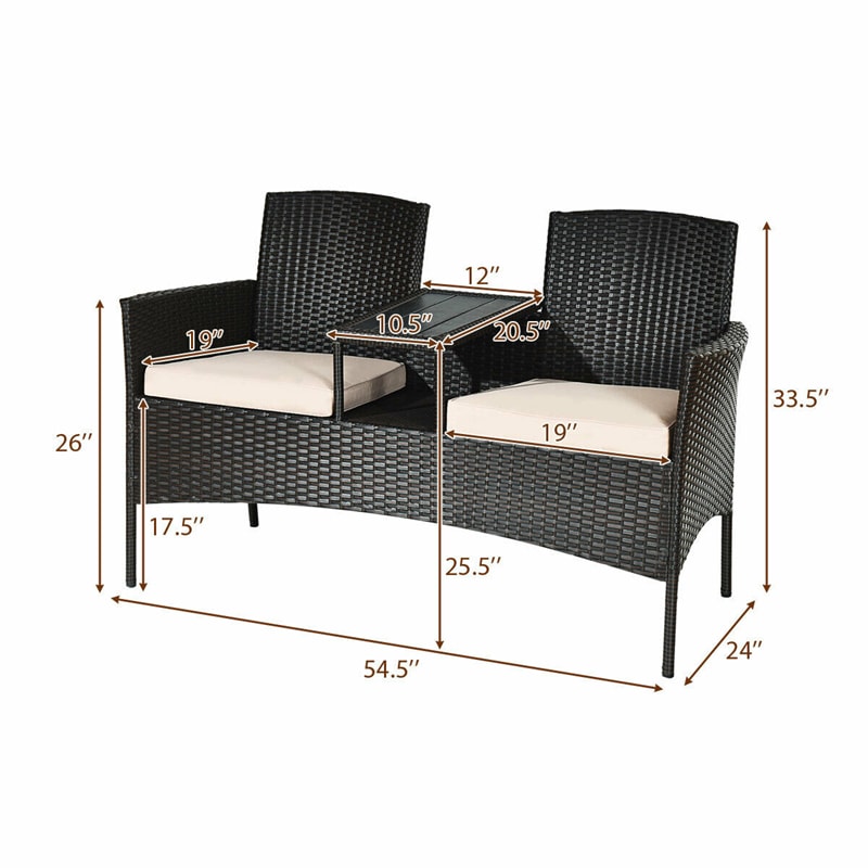 Patented Modern Wicker Patio Conversation Set Outdoor Rattan Loveseat with Built-in Coffee Table & Cushions