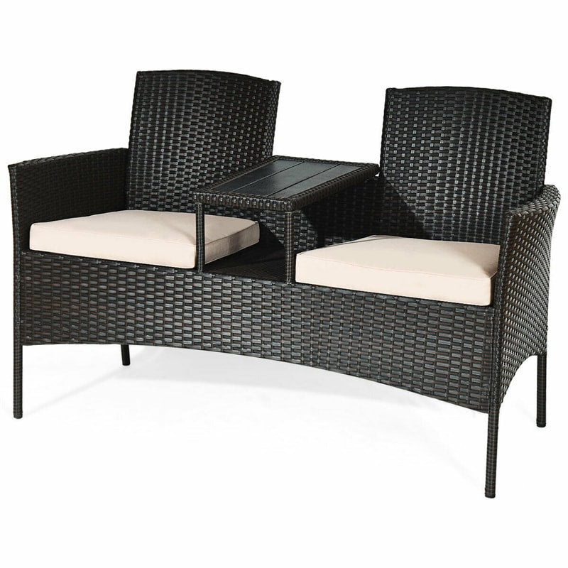 Patented Modern Wicker Patio Conversation Set Outdoor Rattan Loveseat with Built-in Coffee Table & Cushions