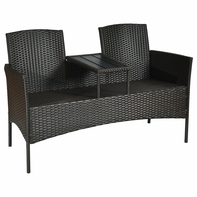 Patented Modern Wicker Patio Conversation Set Outdoor Rattan Loveseat with Built-in Coffee Table & Cushions