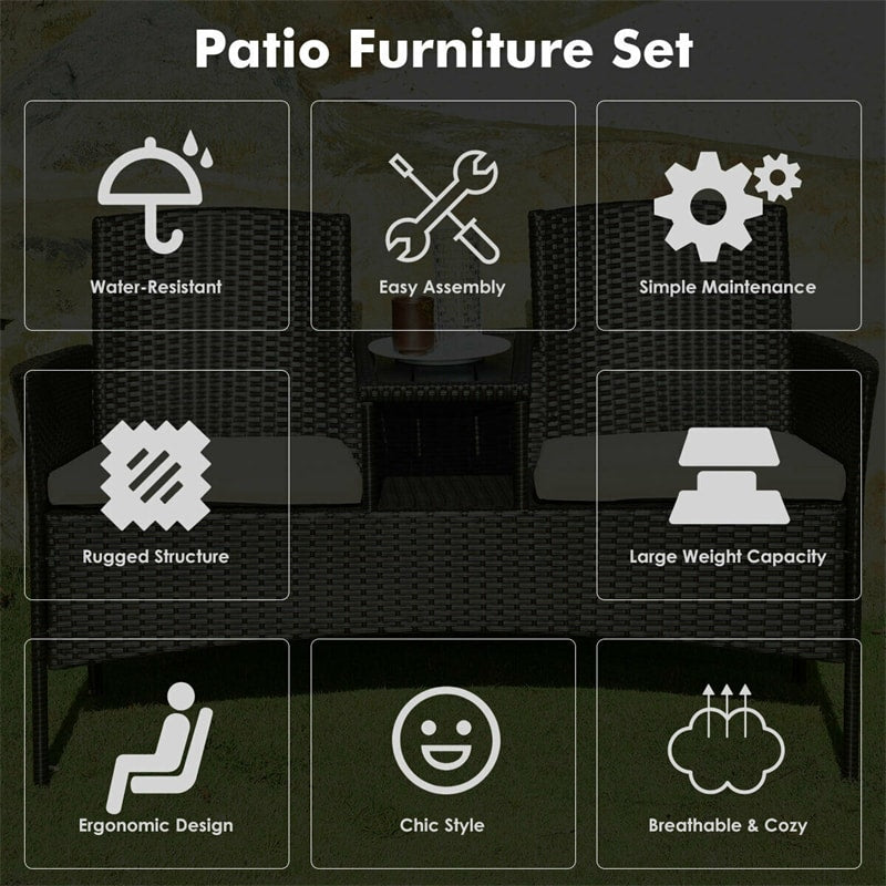 Patented Modern Wicker Patio Conversation Set Outdoor Rattan Loveseat with Built-in Coffee Table & Cushions