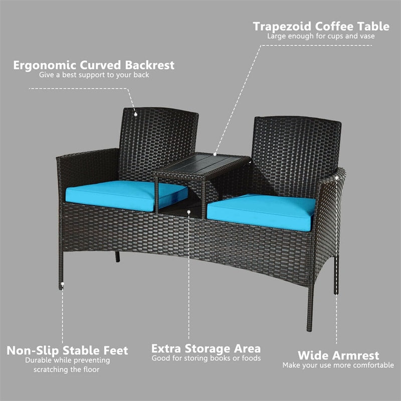 Patented Modern Wicker Patio Conversation Set Outdoor Rattan Loveseat with Built-in Coffee Table & Cushions