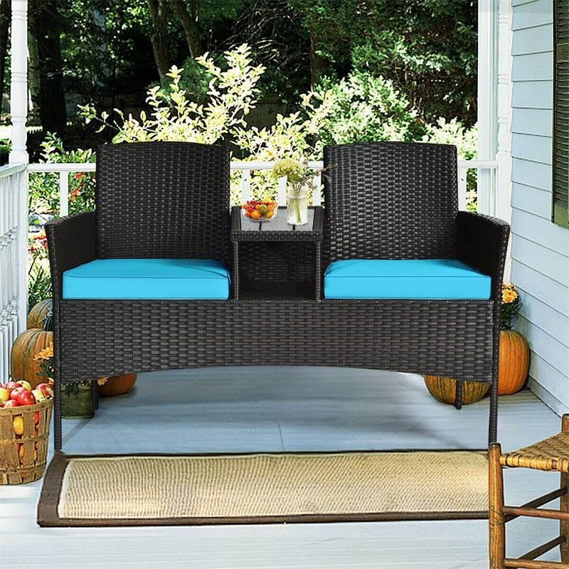 Patented Modern Wicker Patio Conversation Set Outdoor Rattan Loveseat with Built-in Coffee Table & Cushions