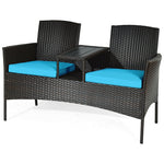 Patented Modern Wicker Patio Conversation Set Outdoor Rattan Loveseat with Built-in Coffee Table & Cushions