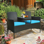 Patented Modern Wicker Patio Conversation Set Outdoor Rattan Loveseat with Built-in Coffee Table & Cushions