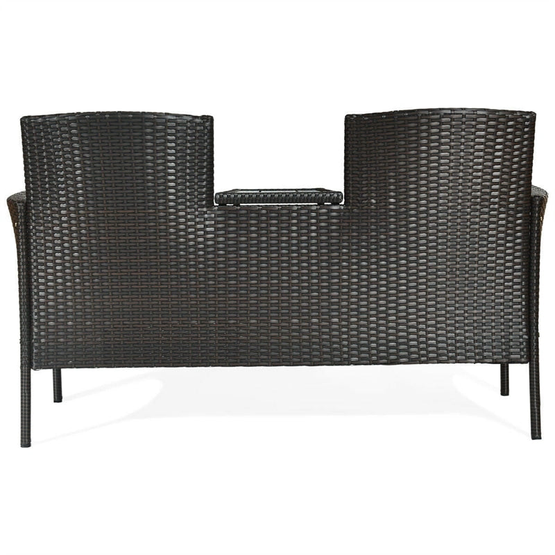 Patented Modern Wicker Patio Conversation Set Outdoor Rattan Loveseat with Built-in Coffee Table & Cushions