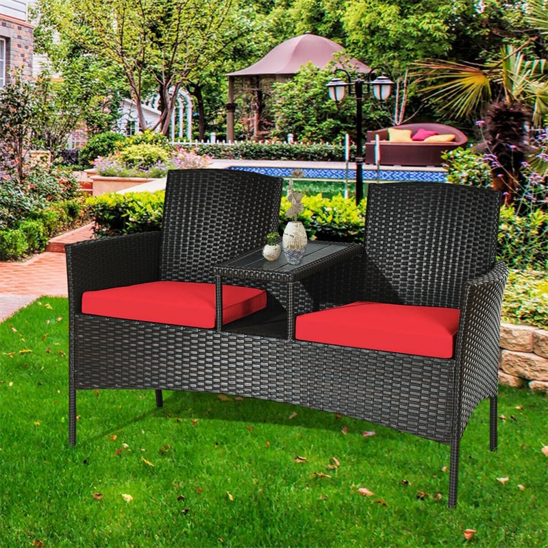 Patented Modern Wicker Patio Conversation Set Outdoor Rattan Loveseat with Built-in Coffee Table & Cushions