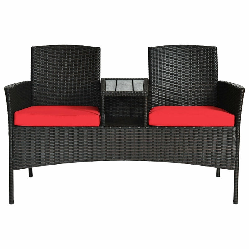 Patented Modern Wicker Patio Conversation Set Outdoor Rattan Loveseat with Built-in Coffee Table & Cushions