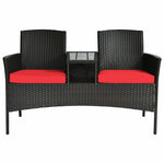 Patented Modern Wicker Patio Conversation Set Outdoor Rattan Loveseat with Built-in Coffee Table & Cushions