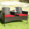 Patented Modern Wicker Patio Conversation Set Outdoor Rattan Loveseat with Built-in Coffee Table & Cushions