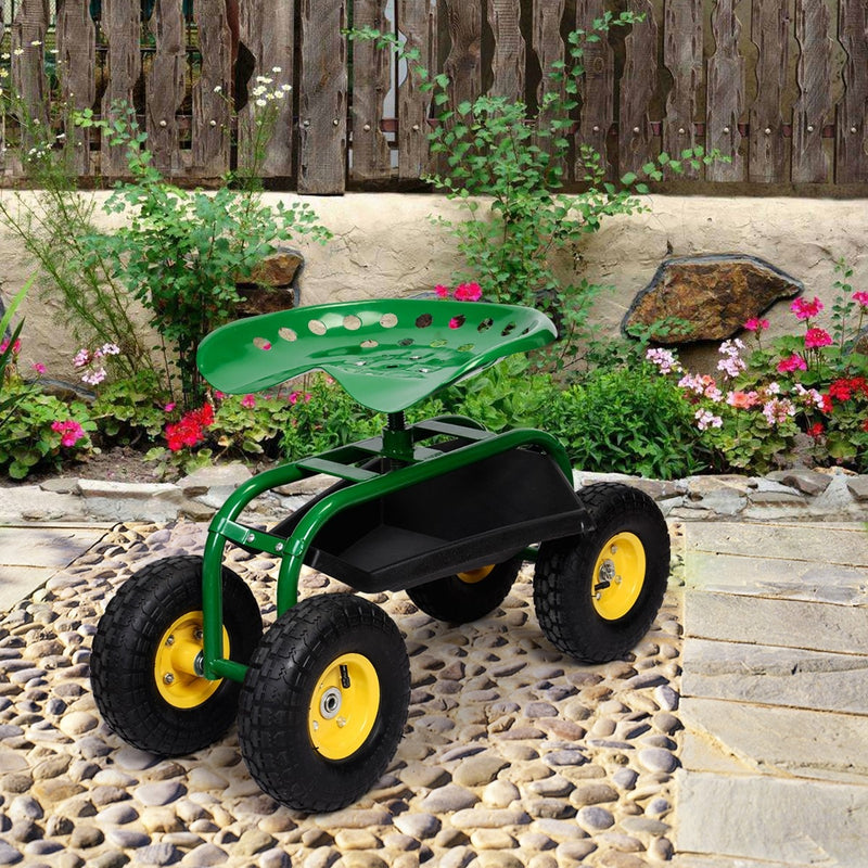 Outdoor Rolling Garden Cart Wagon Garden Scooter with 360° Swivel Seat