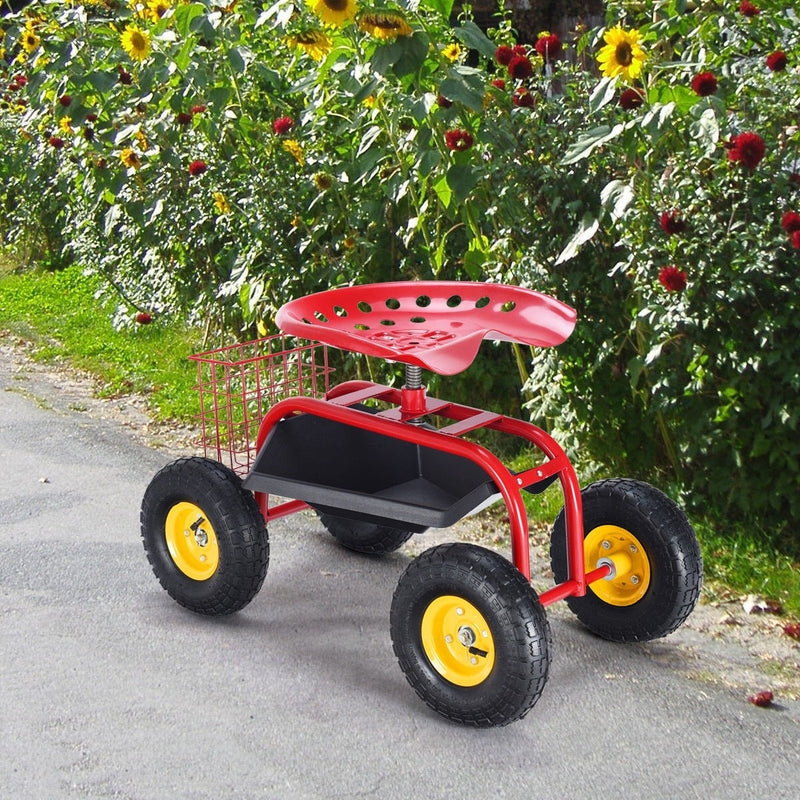 Outdoor Rolling Garden Cart Wagon Garden Scooter with 360° Swivel Seat