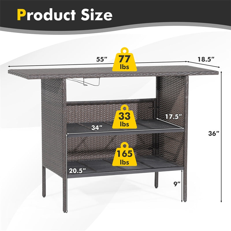 Outdoor Wicker Bar Table All Weather Rattan Bar Counter Table with 2 Metal Mesh Shelves & 2-Rail Steel Stemware Racks