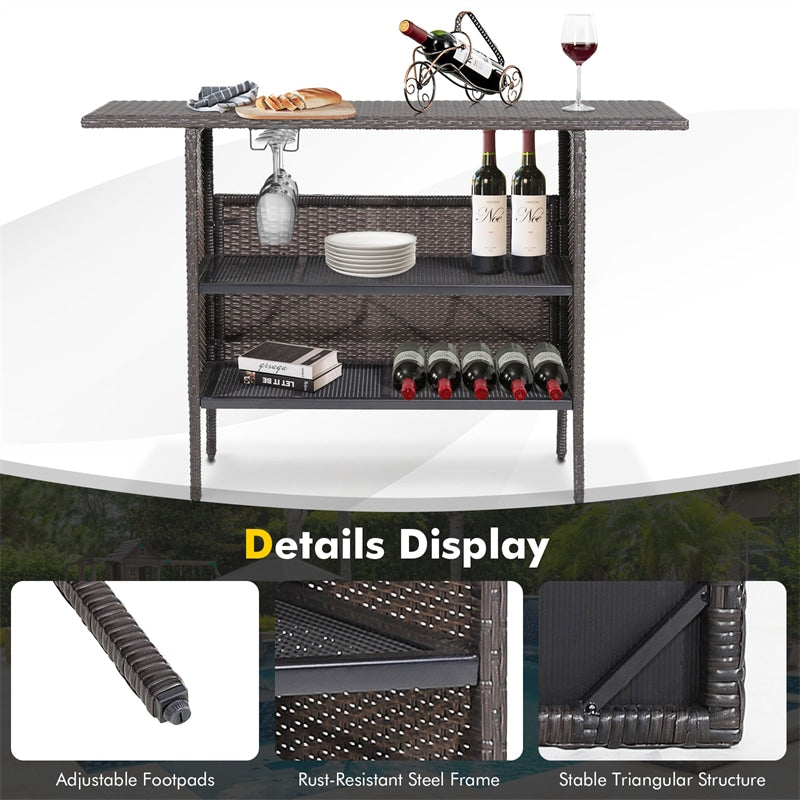 Outdoor Wicker Bar Table All Weather Rattan Bar Counter Table with 2 Metal Mesh Shelves & 2-Rail Steel Stemware Racks