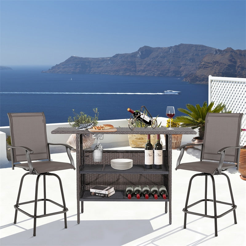 Outdoor Wicker Bar Table All Weather Rattan Bar Counter Table with 2 Metal Mesh Shelves & 2-Rail Steel Stemware Racks