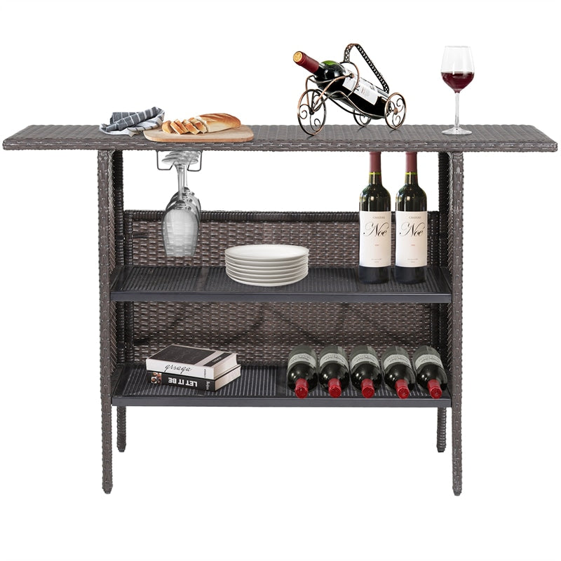 Outdoor Wicker Bar Table All Weather Rattan Bar Counter Table with 2 Metal Mesh Shelves & 2-Rail Steel Stemware Racks