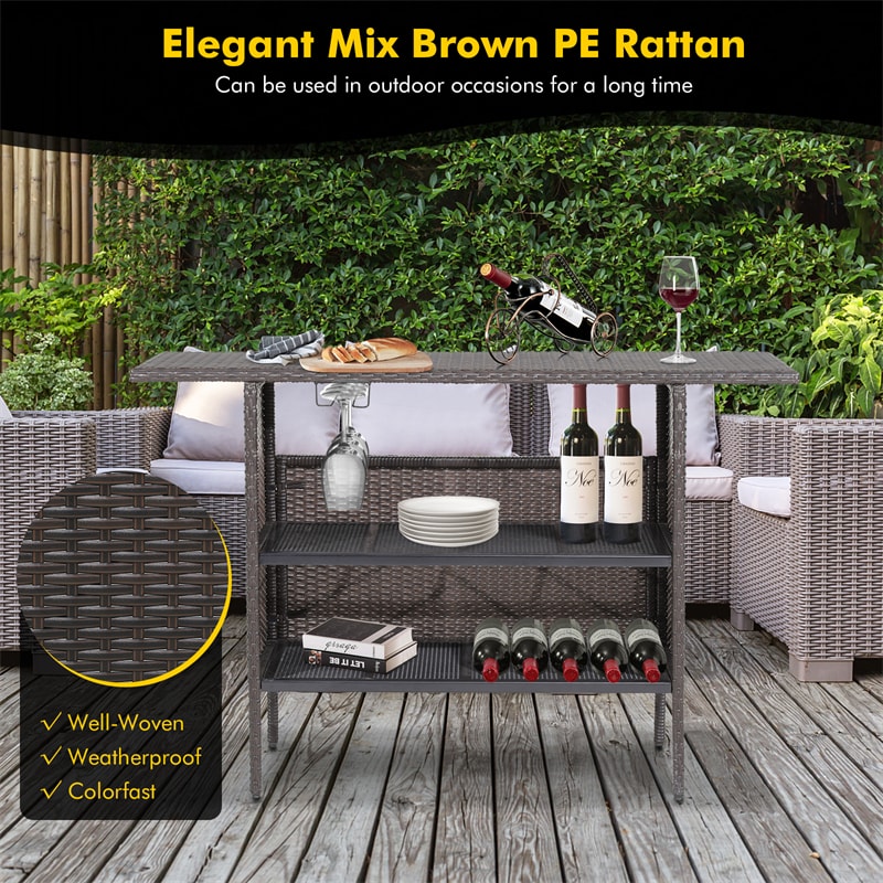 Outdoor Wicker Bar Table All Weather Rattan Bar Counter Table with 2 Metal Mesh Shelves & 2-Rail Steel Stemware Racks