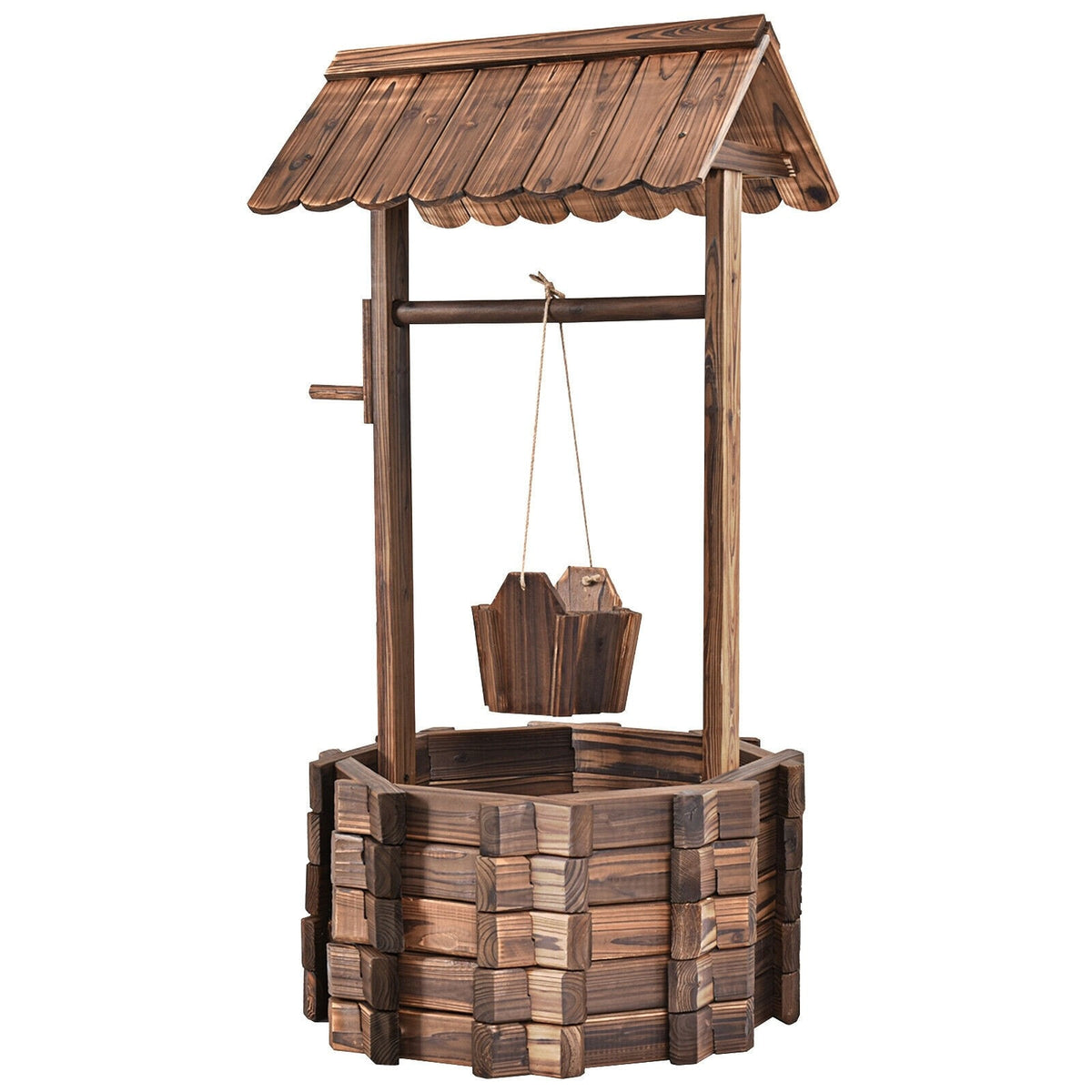 Rustic Outdoor Wooden Wishing Well Planter with Hanging Bucket - Bestoutdor