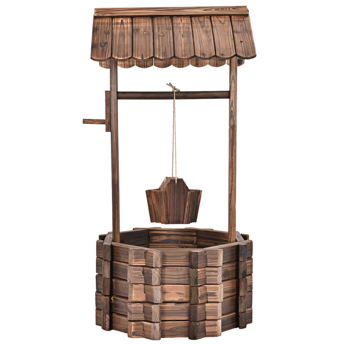 Rustic Outdoor Wooden Wishing Well Planter with Hanging Bucket - Bestoutdor