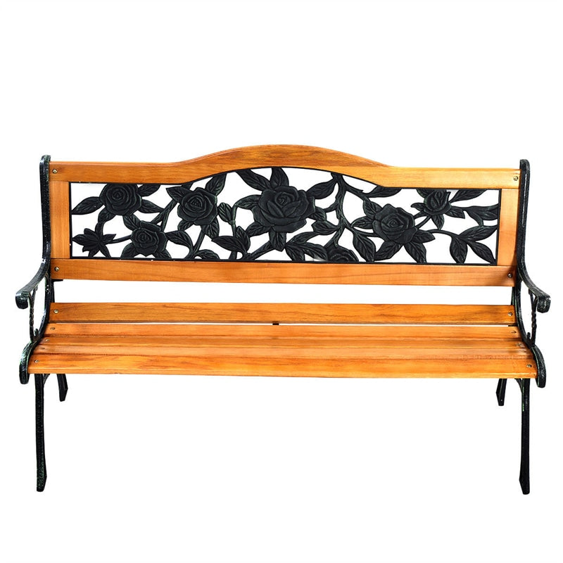 Patio Park Garden Bench Cast Iron Hardwood Outdoor Bench Porch Path Chair Furniture with Slatted Seat & Curved Armrests