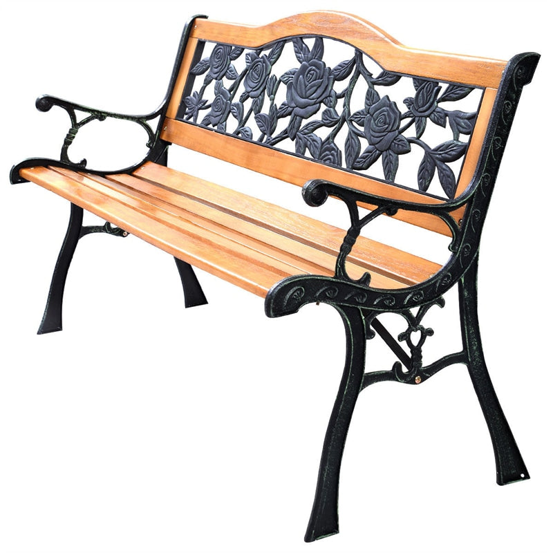 Patio Park Garden Bench Cast Iron Hardwood Outdoor Bench Porch Path Chair Furniture with Slatted Seat & Curved Armrests