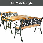 Patio Park Garden Bench Cast Iron Hardwood Outdoor Bench Porch Path Chair Furniture with Slatted Seat & Curved Armrests