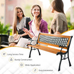 Patio Park Garden Bench Cast Iron Hardwood Outdoor Bench Porch Path Chair Furniture with Slatted Seat & Curved Armrests