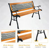 Patio Park Garden Bench Cast Iron Hardwood Outdoor Bench Porch Path Chair Furniture with Slatted Seat & Curved Armrests