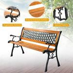 Patio Park Garden Bench Cast Iron Hardwood Outdoor Bench Porch Path Chair Furniture with Slatted Seat & Curved Armrests