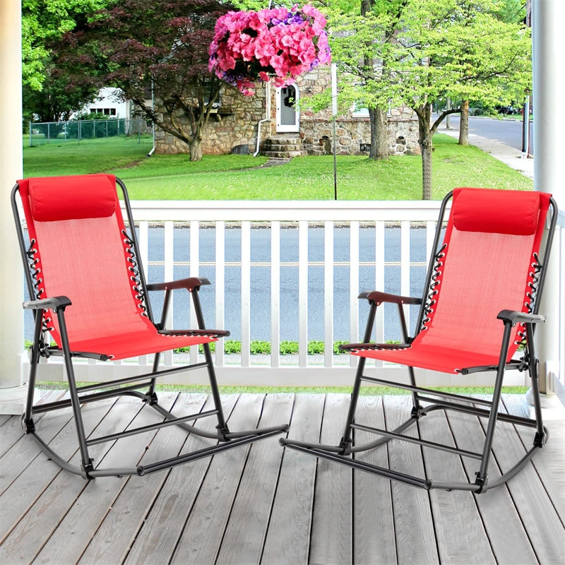 2PCS Patio Folding Rocking Chairs High Back Outdoor Rockers Camping Chairs with Pillows, Armrests & Footrests