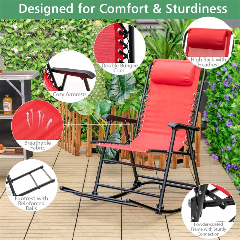 Outdoor Folding Rocking Chair Zero Gravity Patio Rocker High Back Camping Chair with Headrest, Ergonomic Armrests & Footrest